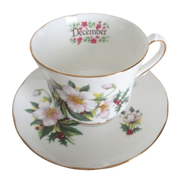 Duchess Holly Teacup & Saucer - Vintage Fine Bone English China - December Birth - Picture 2 of 7